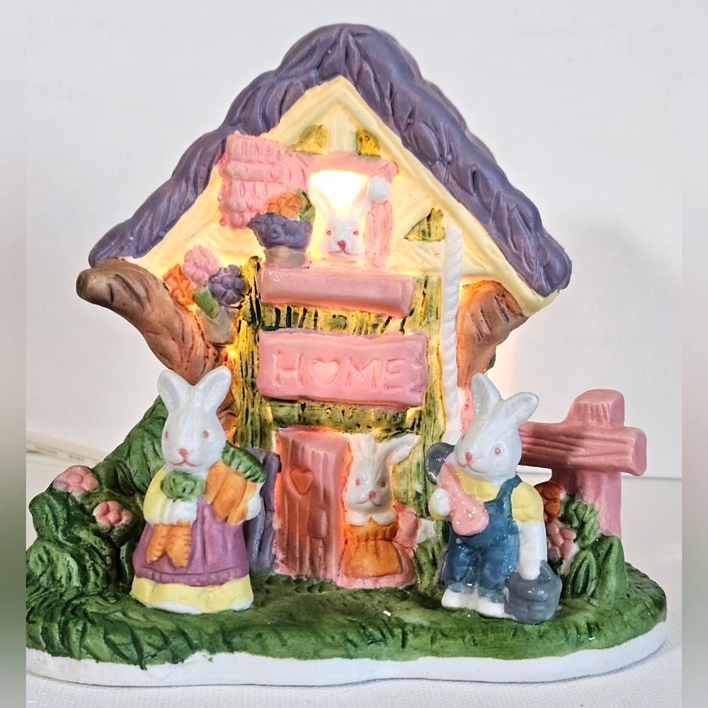 Lighted Porcelain Bunny Tidy Treehouse Figurine Home Decor